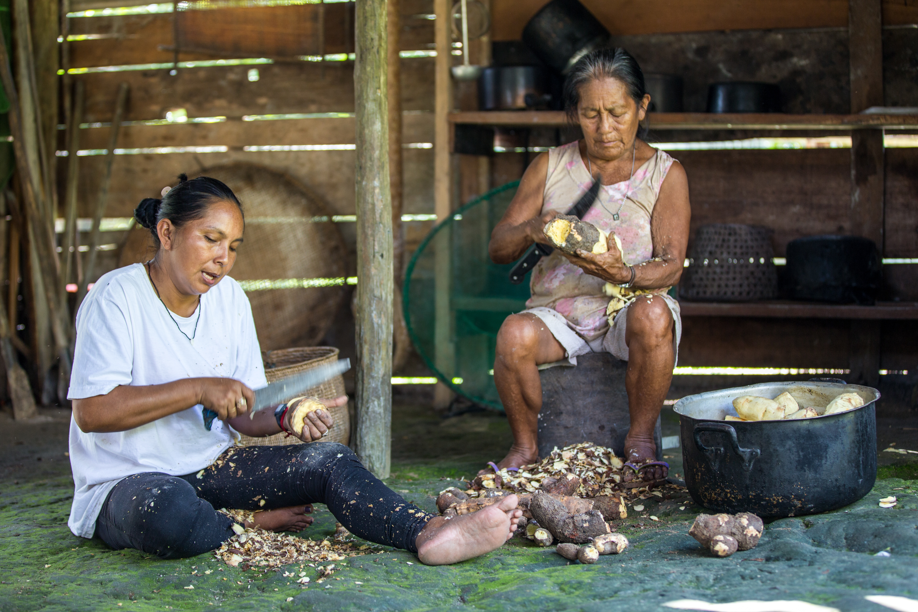 Elizangela da Silva, do Povo Baré e Dona Mercedes Gregório, do povo Baniwa, descascam maniva na cozinha do Sítio São Bernardino|Fellipe Abreu/NatGeo
