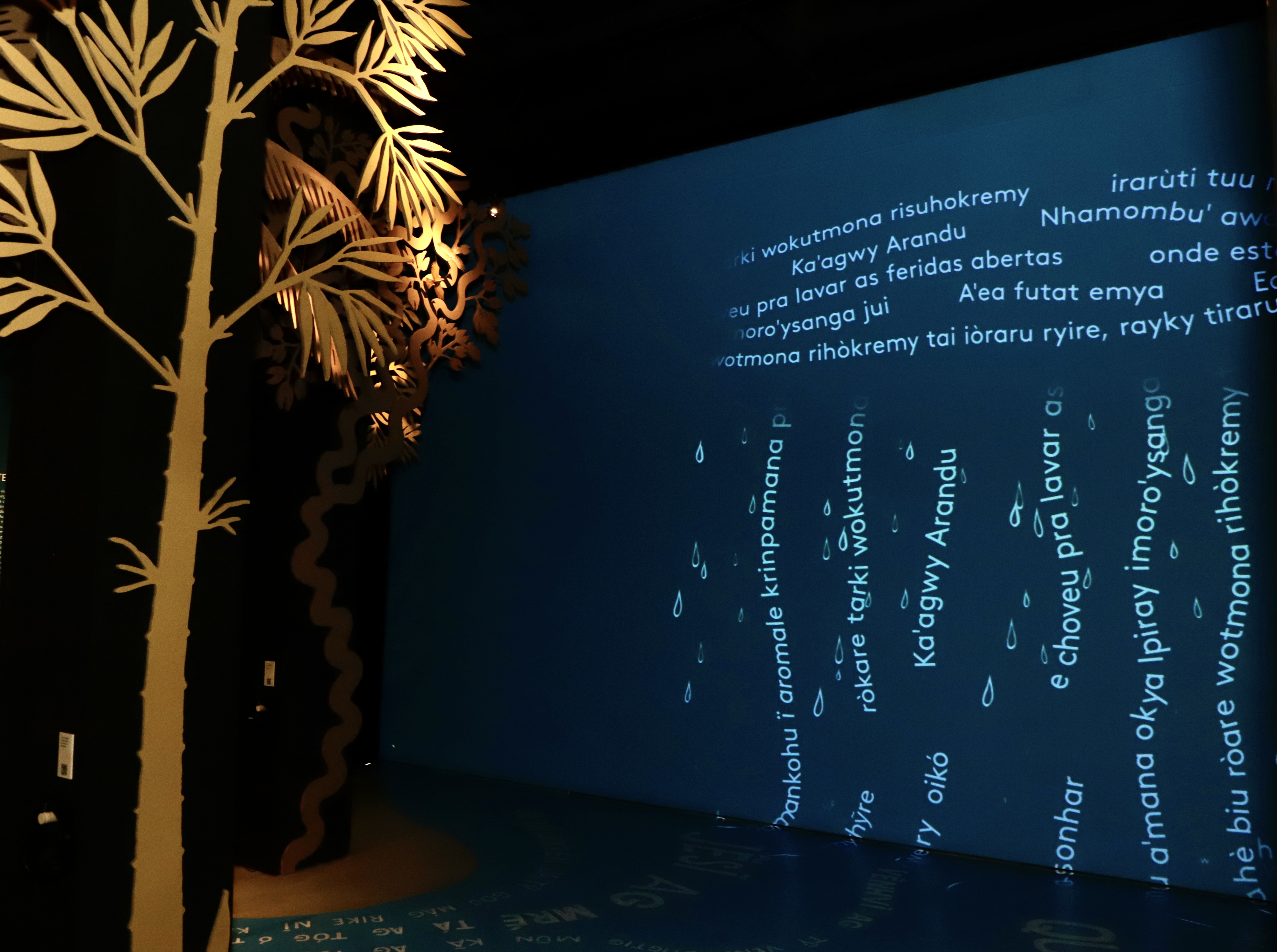 Chuva de línguas indígenas alimenta um rio que flui por toda a exposição 📷Ciete Silvério