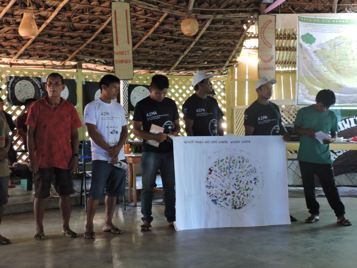 Grupo de homens indígenas seguram um cartaz branco onde tem um mapa circular com resultados de suas pesquisas sobre seus territórios