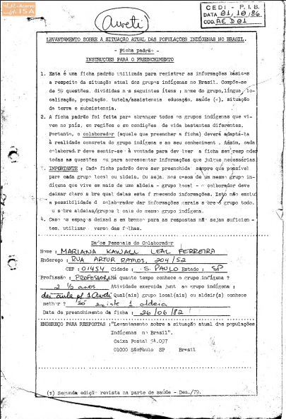 Ficha de levantamento para registro das informações sobre a situação do povo Aweti, enviada em 1983 ao Centro Ecumênico de Documentação e Informação (CEDI) pela professora Mariana Kawall Leal Ferreira