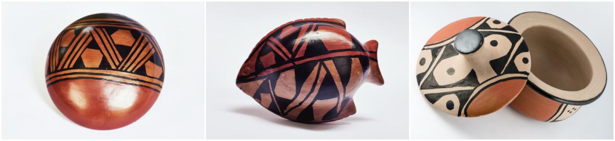 Colagem mostra três cerâmicas Waurá