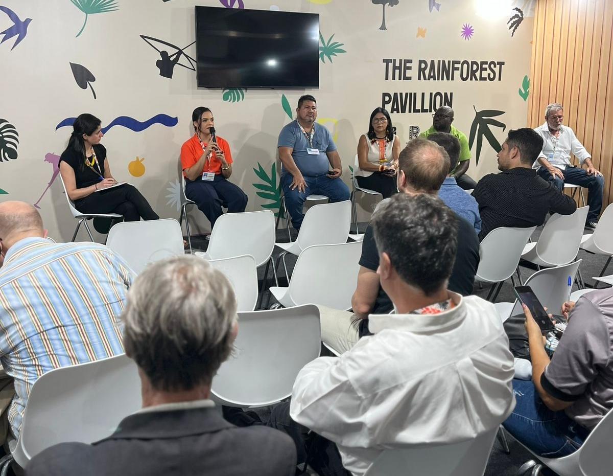 Imagem mostra participantes da discussão sobre Redd+ Jurisdicional no palco falando para a plateia