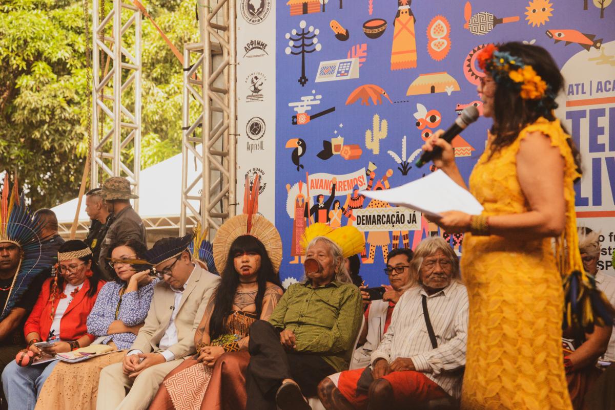 A nova presidenta da Funai, Lúcia Alberta Baré, toma posse durante o ATL 2026 | Brenda Okubo / ISA